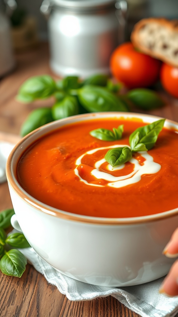 Velvety Tomato Basil Soup Recipe A bowl of creamy tomato basil soup garnished with basil and cream, served with bread in a cozy kitchen.